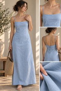 Vestido Maxi Bohemio de Algodón Tejido Azul Claro para Fiesta, Cintura Natural, Dobladillo Recto - Proveedor OEM Profesional en Stock - Product Image 6