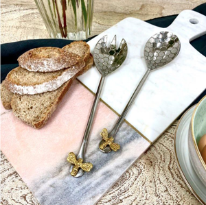 Customised Metal Bee Salad Servers Small Gold Bee Motif Embossed Hexagonal Honeycomb Fork Spoon <b>tabletop</b> direct from factory - Product Image 3