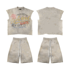 Premium 320 GSM French Terry Sleeveless Shorts Set Vintage <b>Wash</b> Raw Hem <b>Screen</b> Print Custom Logo Sleeveless shirt and Shorts Set - Product Image 1