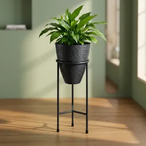 Jardinière en métal martelé noir anthracite avec support trépied, pot de fleurs texturé moderne pour intérieur, extérieur, jardin, balcon - Product Image 1