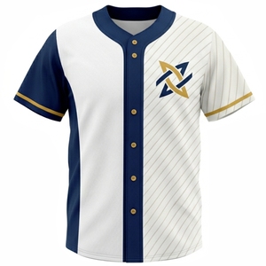 Camiseta de Béisbol Personalizada Unisex de Manga Corta, Blanca y Azul Oscuro, con Logotipo Sublimado, Absorbente de Humedad, Corte Regular, Cuello de Béisbol - Product Image 1