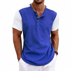 Bangladesh CN Factory Price Men's Plus Size Waffle Henley <b>T</b> <b>Shirt</b> Short Sleeve Contrast Breathable Knitted Summer Tee Casual - Product Image 5