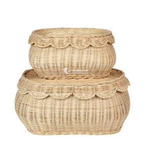 Woven Rattan <b>Storage</b> <b>Basket</b> with Lid Scalloped <b>Wicker</b> Organizer Beige Round <b>Basket</b> for Home Bathroom Bedroom - Product Image 3