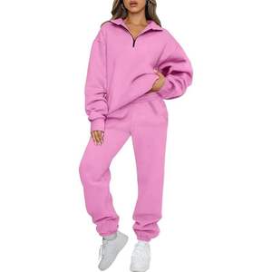 Women's <b>Pink</b> Solid Color Hooded Printed <b>Tracksuit</b> Full Sleeve Half-Zip Casual Jogger Pants Set Breathable 100% Cotton Winter - Product Image 1