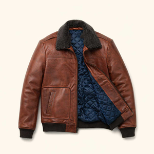Herren Vintage Braune PU-Leder Bomberjacke Abnehmbarer Kunstfellkragen Reißverschluss Gerippte Manschetten Oberbekleidung Qualität Großhandel - Product Image 4