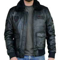 Herren Schwarze Echte Leder-Pilotenjacke mit Lammfellkragen