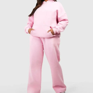 Econex Sports Women Plus Size <b>Pink</b> Hooded <b>Tracksuit</b> Set Full Length Regular Fit Side Pockets Solid Color Casual Autumn Wear - Product Image 3