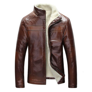 Men's Brown Leather or PU Leather Jacket Stand Collar Zipper Closure Faux <b>Fur</b> Lining Moto Biker Style Winter Wear - Product Image 1
