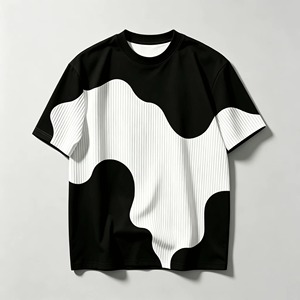 T-shirt homme noir et blanc à imprimé patchwork vache, texture rayures verticales, col rond, manches courtes, streetwear décontracté, sublimation numérique - Product Image 1