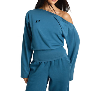 Conjunto de Sudadera Asimétrica de Manga Larga para Mujer, Pantalones Casuales de Punto de Algodón y Bambú Azules con Bolsillos, Ropa de Otoño - Product Image 2