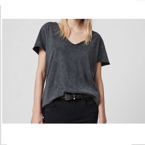 Nueva Blusa Estilo Acid Wash para Mujer 2026, Camiseta Azul Marino con Efecto Manchado, 100% Algodón Tejido, 200g, Manga Corta, Cuello Clásico Informal - Product Image 5