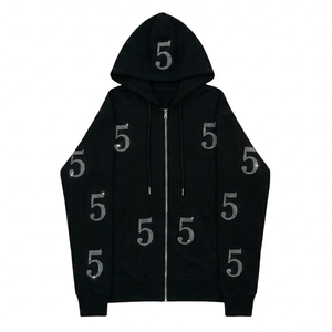 SAAR INDUSTRIES Sweat-shirt à capuche noir personnalisé avec fermeture éclair, imprimé numéro 5 en strass argentés, coupe oversize, en coton épais 100% délavé à l'acide - Product Image 2