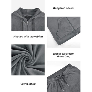 Velvet Hooded Tracksuit Set Full Zip Long Sleeve Solid Color Loose Fit Casual All Seasons Sportswear <b>Pants</b> Two Piece Outfit - Product Image 4