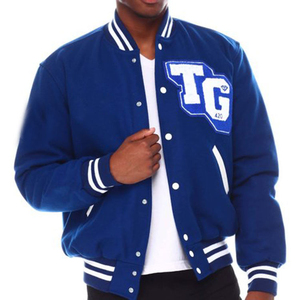 <b>Men's</b> Blue Varsity <b>Jacket</b> With <b>White</b> TC Embroidery Preppy Style Regular Fit Turn-down Collar Single Breasted Button Closure - Product Image 5