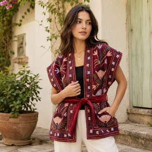 Embroidered <b>Quilted</b> Velvet Suzani Bomber Jacket | Handmade Reversible Cotton Coat with Nylon Lining | <b>Winter</b> Gift for Her - Product Image 3