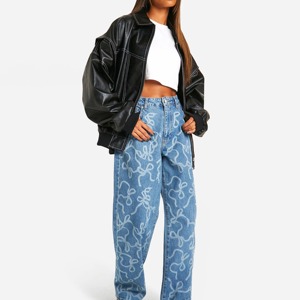 Pantalones vaqueros acampanados de cintura alta con estampado y rotos para mujer, personalizados con bordado, vaqueros holgados transpirables para mujer - Product Image 4