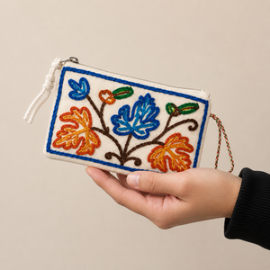 Kashmiri Handcrafted Cotton Flat <b>Pouch</b> Bridal Gift Floral Design <b>Zip</b> Closure Sustainable Washable Durable Aari Embroidery - Product Image 4