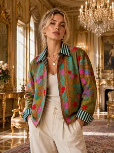 Veste en velours brodé de luxe pour femmes, motif floral, col montant, style bohème ethnique, vêtements décontractés, vêtements d'extérieur pour l'automne - Product Image 1