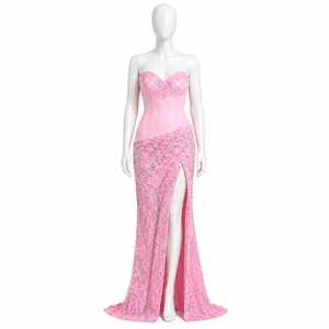Blush Pink Mermaid Evening Gown Natural Beading <b>Strapless</b> Satin <b>Corset</b> Floral Print Floor-Length Elegant High Slit Prom Bridal - Product Image 1