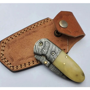 Cuchillo de bolsillo recto Burraq hecho a mano de acero de Damasco con punta clip, mango de resina y funda de cuero para regalos DIY/OEM/ODM y uso en exteriores - Product Image 3