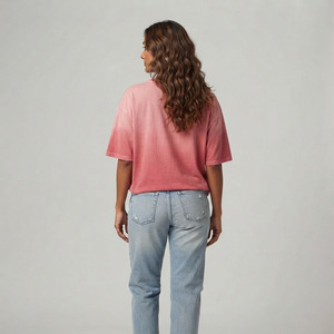 T-shirt ample en coton délavé à col rond et manches courtes pour femme, couleur unie, style décontracté, printemps-été - Product Image 2