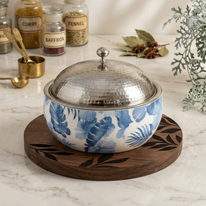 Blue Floral Design Ceramic Casserole With Hammered Metal Lid. Elegant Insulated <b>Serving</b> <b>Dish</b> For Premium Dining & Home Decor - Product Image 1