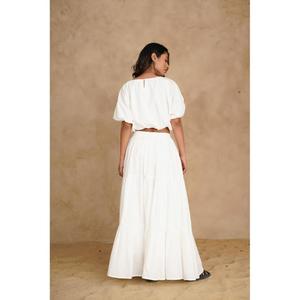Conjunto de Dos Piezas Estilo Bohemio Blanco, Top Corto con Mangas Abullonadas y Falda Larga en Línea A, Cintura Natural, Color Sólido, Vestido de Verano para Mujer - Product Image 5
