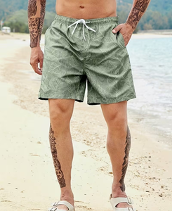 Men's Green Tropical Print Quick Dry Board Shorts With Pockets Drawstring Waist Casual Beach Swimwear - Product Image 4