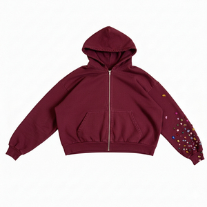 Customized Rhinestone Embroidery Zip-<b>Up</b> Hoodie Streetwear Distressed Acid Wash Vintage Faded Boxy Fit 100% Cotton Autumn - Product Image 6