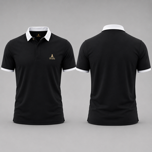 Polo Negro de Lujo para Hombre con Cuello en Contraste Blanco, Logotipo Bordado en Dorado, Algodón Piqué Premium, Fabricante de Ropa Personalizada OEM ODM - Product Image 4