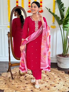 Kurti recto bordado de viscosa Chanderi, el más vendido para mujer, con pantalón de viscosa Chanderi y conjuntos de dupatta. - Product Image 3