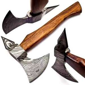 Hacha de Acero de Damasco con Mango de Madera y Funda de Cuero, Hacha de Caza de Grado Industrial para Exteriores - Product Image 6