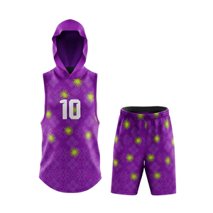 ชุดฟุตบอล 7 คน สีม่วง เสื้อฮู้ดแขนกุด พิมพ์ลายแบบซับลิเมชั่น กางเกงกีฬาขาสั้น ชุดทีมแบบกำหนดเอง รับผลิตแบบ OEM - Product Image 1