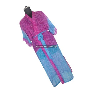 KL005 Winter Autumn Bohemian Vintage Sari Kimono Long <b>Robe</b> Nightgown for <b>Women</b> Blended Poly Silk Quick <b>Dry</b> Drawstring Closure - Product Image 5