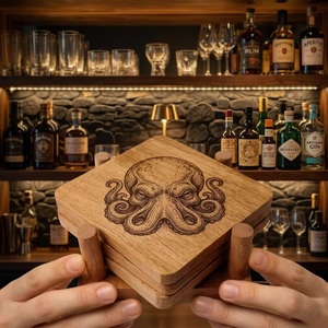 Juego de Posavasos Cuadrados de Madera con Diseño de Pulpo, Rústicos, Hechos a Mano, Antideslizantes, 6 mm de Grosor, 10 cm de Diámetro, Arte con Cuentas - Product Image 2