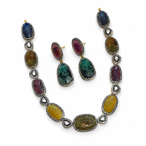Ensemble collier et boucles d'oreilles en argent 925 plaqué or avec pierres multicolores pour femmes, cadeau de mariage, bijoux faits à la main - Product Image 3
