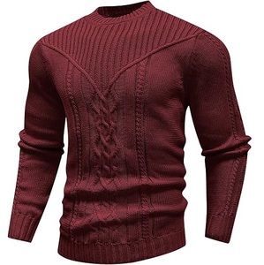 Pull thermique tricoté marron à col rond, motif gaufré, coupe classique, couleur unie, anti-boulochage, côtelé - Product Image 2