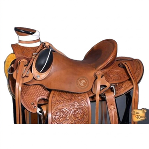 Silla de montar western de cuero repujado con tallado floral, asiento acolchado, para equitación, senderismo, ranchería, y trabajos con lazos, con faldones y estribos. - Product Image 5