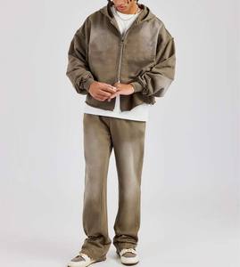 Wholesale 2025 Custom New Design 420gsm Heavy Cotton Blank Tracksuit Acid Washed Zipper Hoodie And Sweatpants For Men - Product Image 3