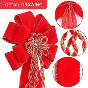 Lot de 2 grands nœuds de Noël en velours rouge 20 x 10,5 cm, décorations pour le sommet de l'arbre et pour la décoration de Noël à la maison - Product Image 1