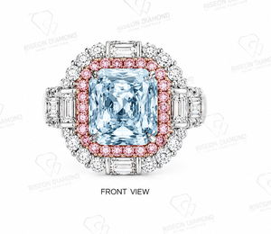 Masterpiece <b>cocktail</b> <b>ring</b> in 18K white <b>gold</b> with cushion cut fancy blue diamond halo of pink diamonds round and baguette diamond - Product Image 3