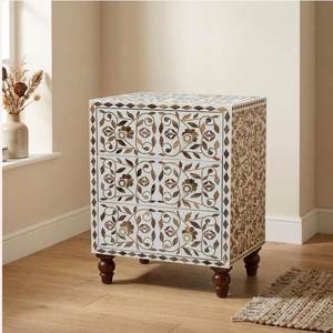 Arabic Style Classic <b>Storage</b> Bedside Wardrobe Square Three-Layer Carved Floral Bone Inlay Design Durable Standing Type for Decor - Product Image 1