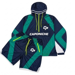 Ensemble veste coupe-vent et short unisexe personnalisé en nylon imprimé, avec fermeture éclair, capuche, léger, imperméable, tenue décontractée streetwear - Product Image 1