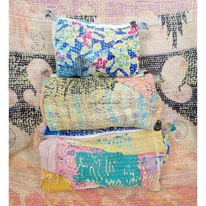 Custom Made Casual Handmade Quilted Tassel Zipper Kantha Pouch Set Artisan Cotton Travel Cosmetic Organizer Mixed Colors - Product Image 6