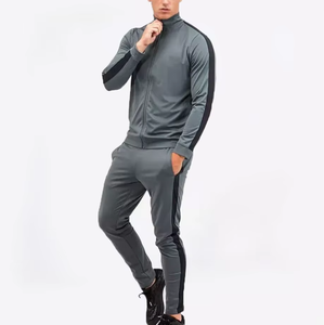 Men’s Gray Tracksuit Set <b>Zip</b> Up Jacket and <b>Jogger</b> Pants Sportswear Two Piece Training Suit with Side Stripe Design - Product Image 4