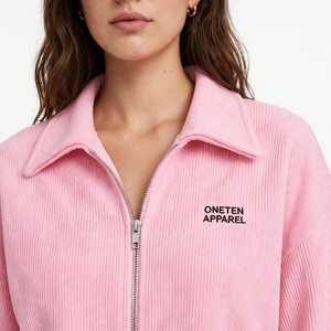 Oneten Apparel <b>Pink</b> Corduroy Full Zip Jacket Crop Lantern Sleeve Turn Down Collar Unisex <b>Sweatshirt</b> - Product Image 6
