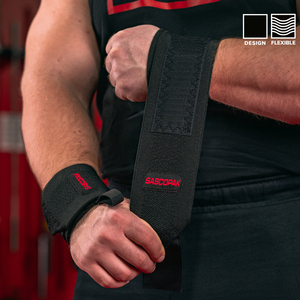 Bandes de poignet élastiques robustes pour entraînement Crossfit et musculation, avec boucle pour le pouce et logo tissé personnalisé - Product Image 1