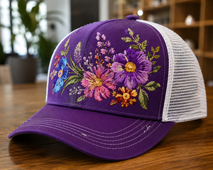 <b>Purple</b> Floral Embroidered Trucker <b>Hat</b> Women's Mesh Adjustable 6-Panel Cap Spring Summer Casual Style - Product Image 1
