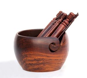 Wooden Yarn Bowl Round Simple Design Portable 15cm for Hand Knitting Convenient Storage with Blue and White Yarn Inside - Product Image 5