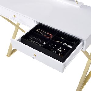 Rectangular White and Gold <b>Vanity</b> Desk with <b>Mirror</b> and Jewelry Tray Perfect Makeup <b>Vanity</b> - Product Image 5